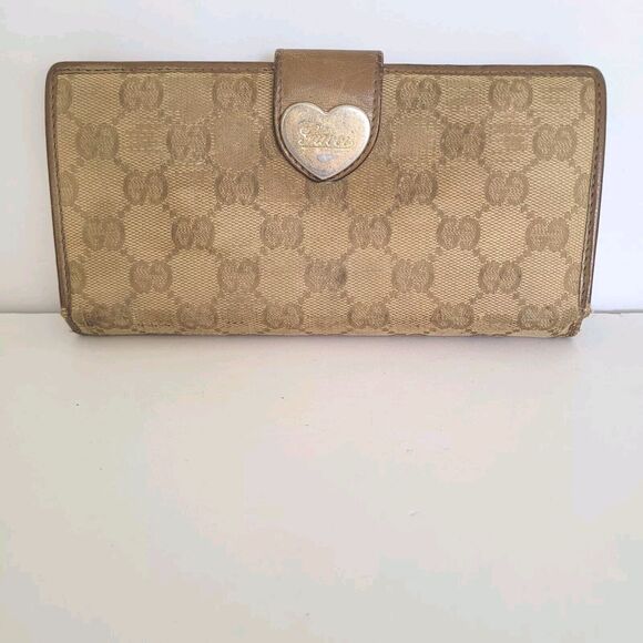 GUCCI Signature Heart Wallet Purse Leather Canvas Clutch Large Beige Tan Fair - Picture 1 of 12